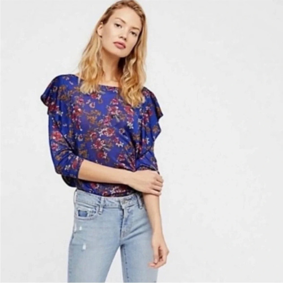 FREE PEOPLE | Dock Street Blue Floral Ruffle Cutout Stretch Top - Picture 5 of 5